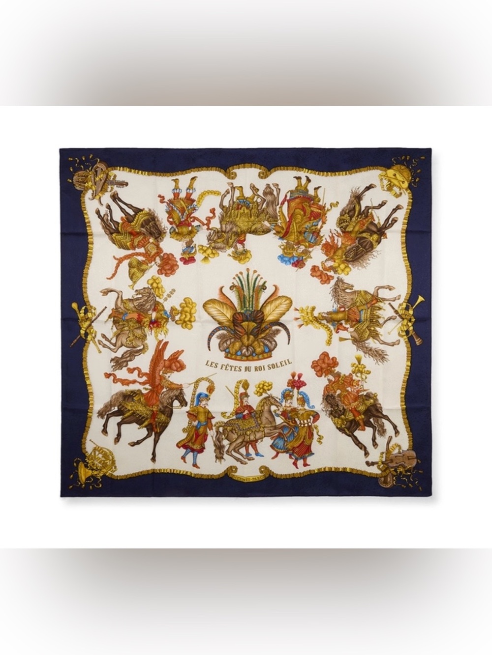 Hermes Les Fetes du Roi Soleil Silk Scarf in Navy, Cream, Gold, Brown